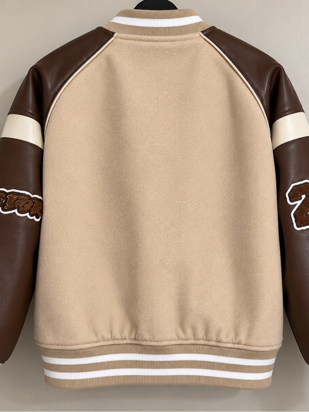Maniere De Voir Beige and Brown Varsity Bomber Jacket - Picture 2 of 5